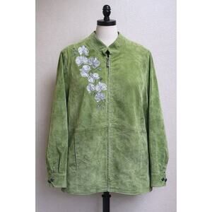 Bob Mackie Y2K 1X Green 100% Suede Leather Jacket Embroidered Floral Retro Boho